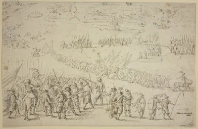 Entwurf Zu Einer Belagerung Vorne Links Halten Zwei Befehlshaber In Der Mitte Von Schutzen Im Hintergrunde Sind Kanonen Aufgepflanzt Und Ein Zug Infanterie