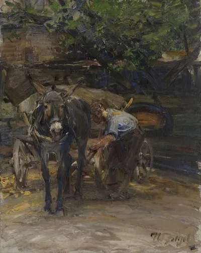 Eselfuhrwerk Beim Anschirren