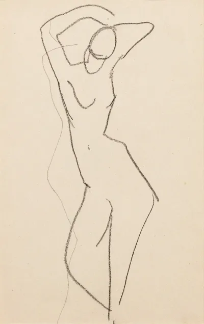 Esquisse De Femme Nue Debout De Face Bras Au Dessus De La Tete