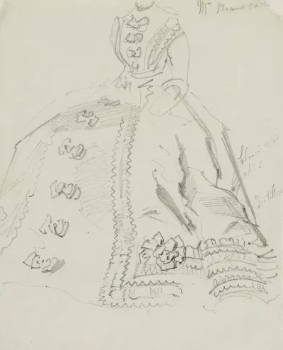 Esquisse De Figure Assise En Robe A Noeuds Et Falbalas