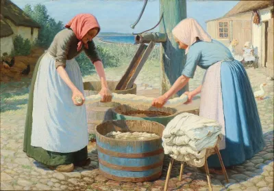 Et Par Bondekoner Vasker Toj Pa Gardspladsen