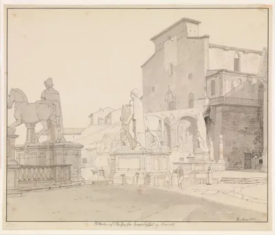 Et Parti Af Piazza Del Campidoglio Set Mod Balustraden Med Dioskurerne Og Kirken S Maria In Aracoeli