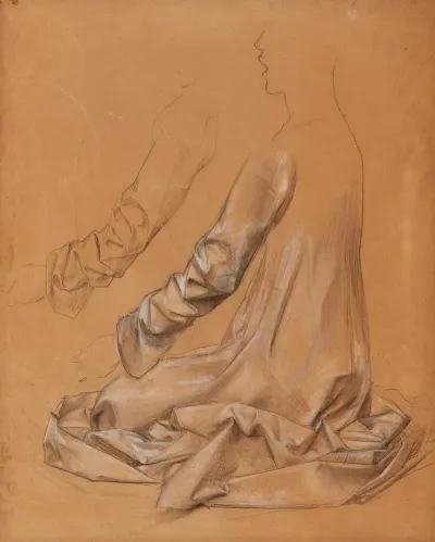 Etude De Drape Sur Un Personnage De Trois Quarts De Dos En Tailleur Et Etude Dune Manche