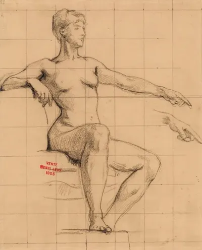Etude De Jeune Femme Nue Assise Pointant Lindex Gauche Vers Lavant