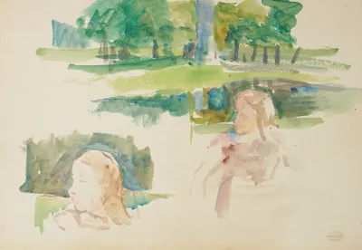 Etude De Paysage A La Riviere Et Denfants