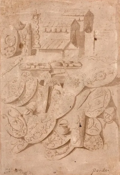 Etude De Tentes Casques Boucliers Chaudron Et Autres Objets Dapres La Colonne Trajane