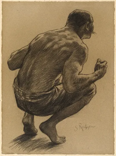 Etude Pour La Joie Rouge Homme Accroupi De Dos Avant Le Saut