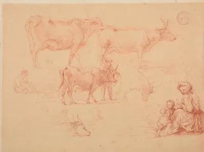 Etudes De Jeune Garcon Appuye Sur Un Boeuf De Boeufs Et De Femme Avec Enfant