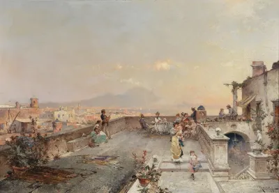 Evening Festivities Bay Of Naples Mount Vesuvius In The Distance