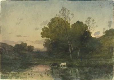 Evening Light On A Wooded Lakeside With Cattle Drinking