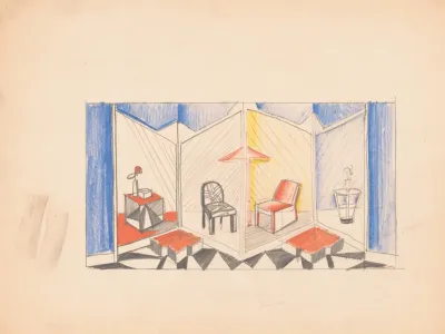 Exhibit Design With Stage In Form Of Folding Screen Sketch Of Exhibit With Modern Chairs And Tables