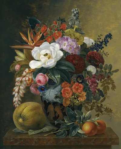 Exotic Blooms In A Grecian Krater With Fruit On A Marble Ledge