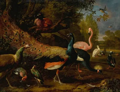 Exotic Fowl Including A Peacock And Peahen Flamingo African Crane Pheasant And Lapwing Shoveller Pelican And Tufted Duck