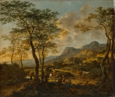 Extensive Italianate Landscape With A Traveler And Drovers On A Road A Farmhouse And A Village Beyond
