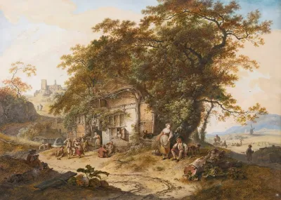 Extensive Landscape With Peasants Resting Before A Tavern Others Harvesting In The Distance And A Church On A Hill Behind