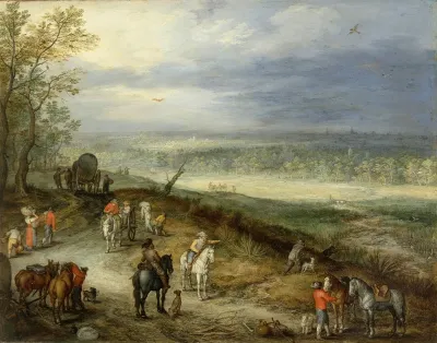 Extensive Landscape With Travellers On A Country Road