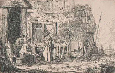 Exterior Of A Cottage With A Woman In A Poke Bonnet