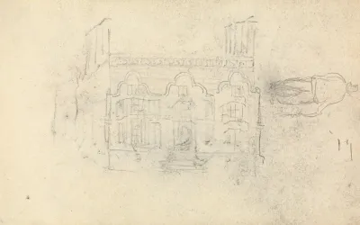 Facade Of A House And Sketch Of A Man With A Cane
