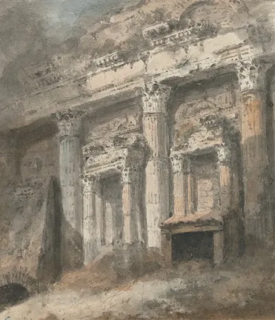 Facade Of Ruined Roman Temple With Columns And Doorway