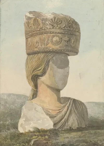 Faceless Bust Of Statue Supporting A Broken Capital On Her Head