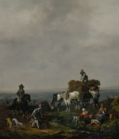 Falconers On A Path With Harvesters Loading Hay Onto A Wagon Nearby A Valley Beyond At Dusk