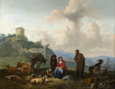Famille De Bergers Au Pied De Ruines Antiques Et Famille De Bergers Au Bord Dune Riviere