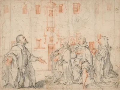 Family Group Kneeling Before A Street Shrine