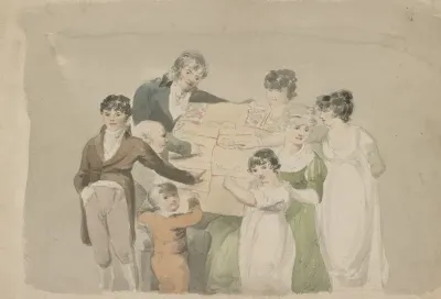 Family Group Smith His Wife And Six Children Pointing At Examples Of Their Work