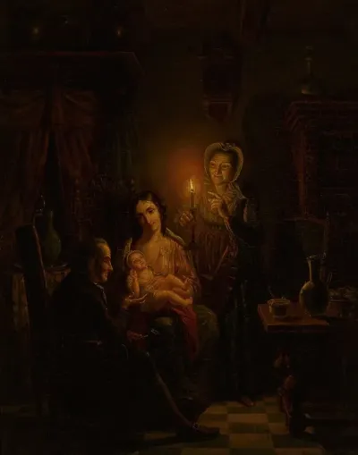 Family Scene Indoors By Candlelight
