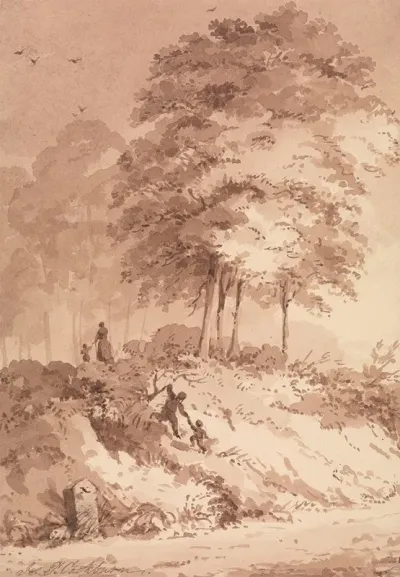 Family Walking In A Wood Child Being Helped To Clamber Up A Bank