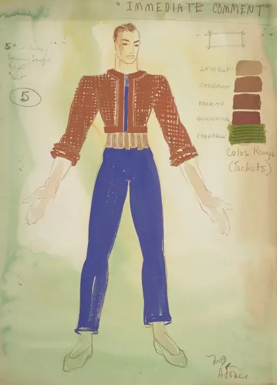 Fantasy 1939 Immediate Comment Blue Trousers Gold Belt Brown Knit Jacket