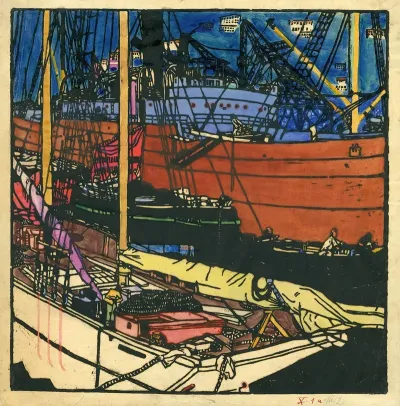 Farbholzschnitt Hafen Von Triest