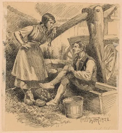 Farm Girl Wearing Clogs Talking To A Worker
