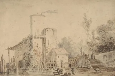 Farm House By A River With Figures