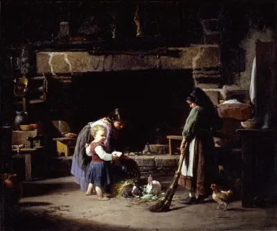 Farm Interior Breton Children Feeding Rabbits