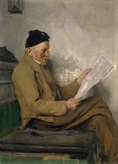 Farmer Reading On The Stove Bench