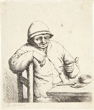 Farmer Sitting At A Table With A Pipe In His Hand