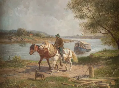 Farmer With Horses By A River