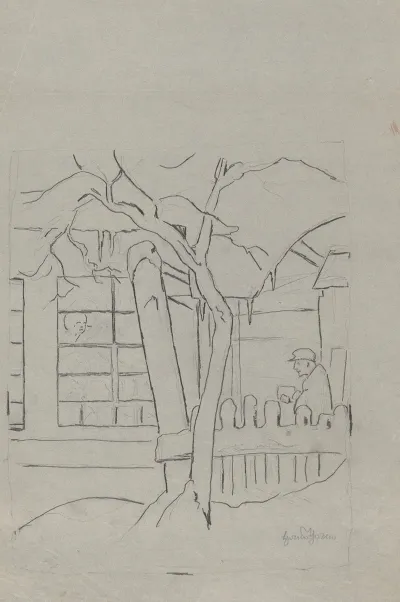 Farmhouse With A Tree A Fence And A Man In A Hat Standing Behind Them