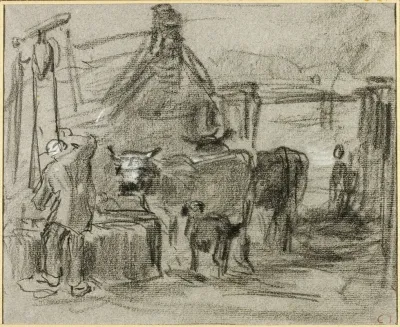 Farmyard With Man And Cattle