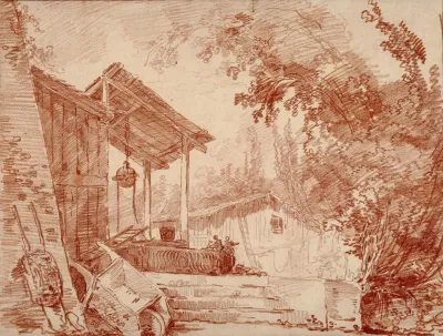 Farmyard With Two Figures By A Well And A Large Wheelbarrow In The Foreground