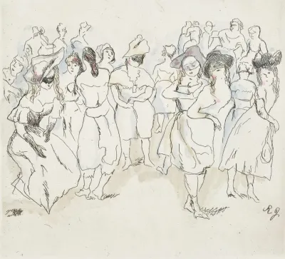 Faschingsszene Mit Maskierten Mannern Und Frauen