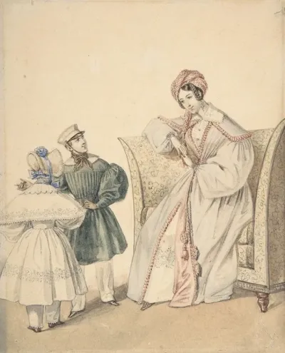 Fashion Drawing With A Woman Seated In A Chair With A Boy And Girl