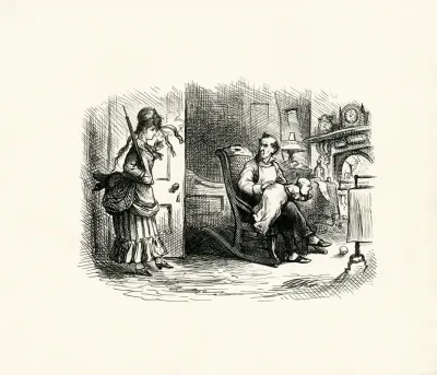Father Seated In Rocking Chair Infant On His Lap Mother Enters Doorway Holding Cigarette And Parasol