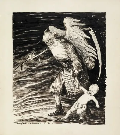 Father Time Pulls A Baby Representing The Year 1921 To Take His Place For The New Year