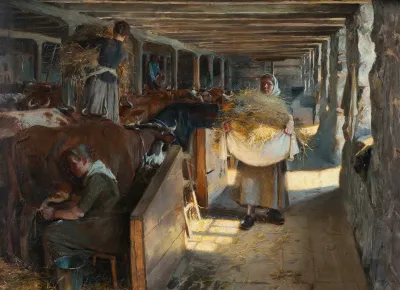 Feeding Time In A Cow Shed