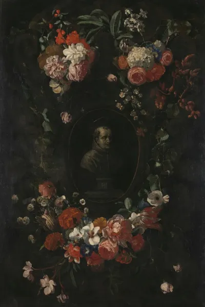 Feigned Sculpted Bust Of The Blessed Hieronymus Werdanus Set In A Feigned Stone Cartouche Decorated With A Swag And Two Bunches Of Flowers