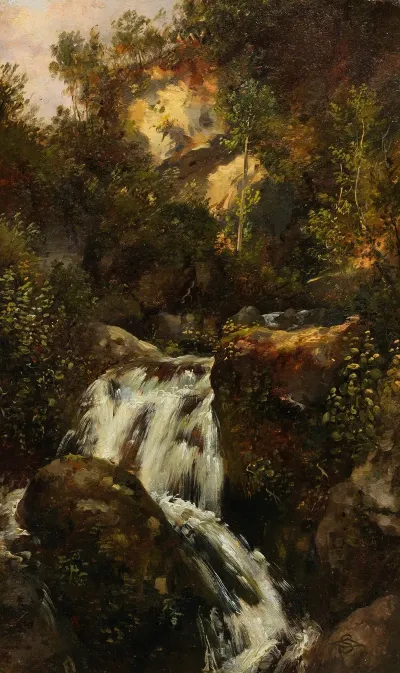 Felsenstudie Mit Wasserfall Herabsturzender Wildbach Von Baumen Umgeben