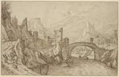 Felsiges Flustal Im Vordergrund Eine Bogenbrucke Rechts Eine Stadt