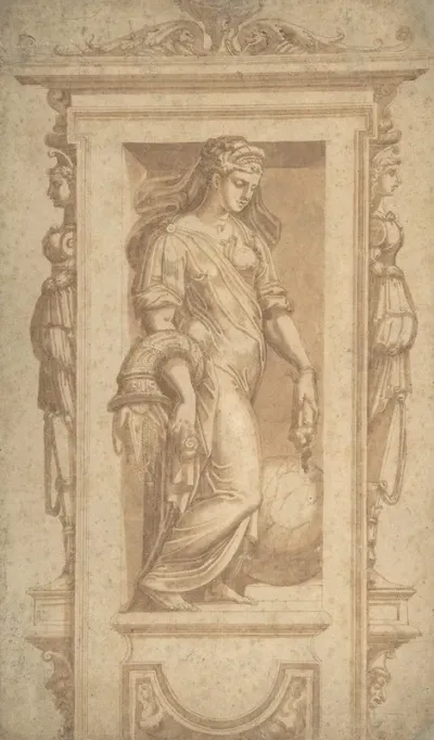 Female Allegorical Figure Of Benignitas Goodness With Attributes Of Abundance Standing In A Niche